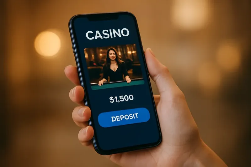 Casino App Preview Hand holding smartphone showing dark casino app in city light