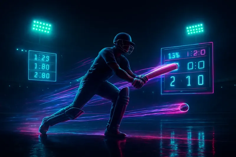 Dynamic Cricket Action Cricket athlete in motion with neon trail and stadium lights