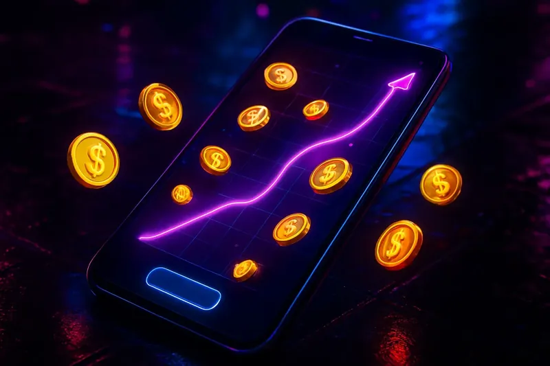 Neon Crash Game UI Mobile crash game interface with glowing curve graph and scattered coins