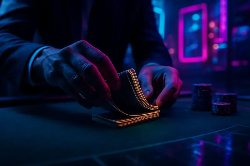 Close-up of dealer hands shuffling cards over green felt table