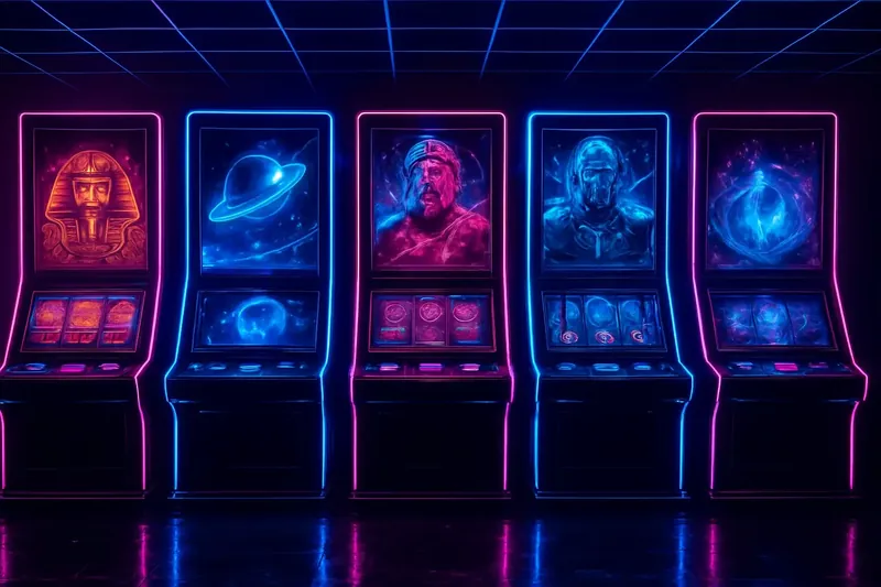 Modern Slot Machine Bank Five modern video slot machines with vivid themed screens and neon lighting